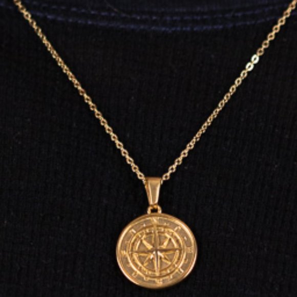 18k Gold Compass North Star Pendant Chain Mens Compass Necklace - Picture 2 of 16